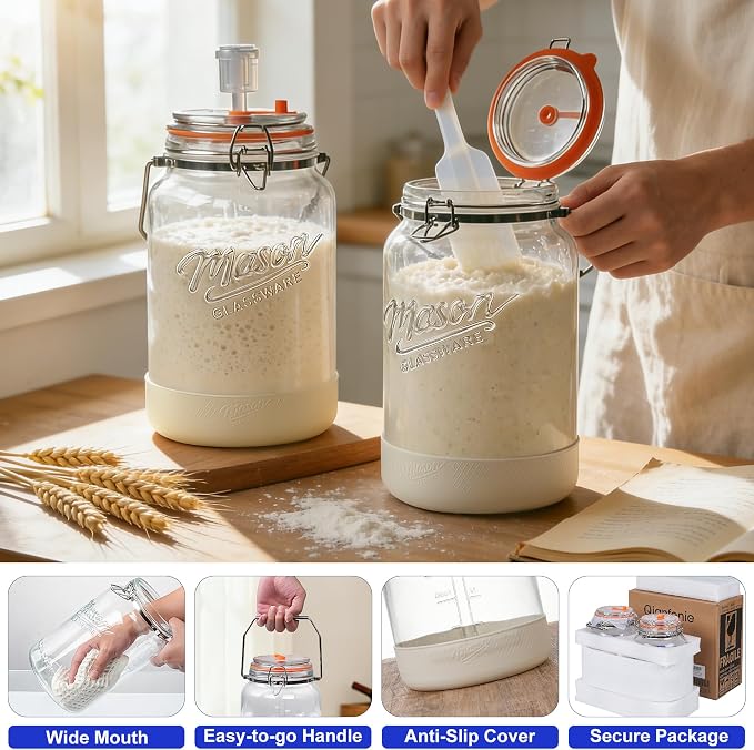 Mason Glassware sourdough starter jars in use on kitchen counter