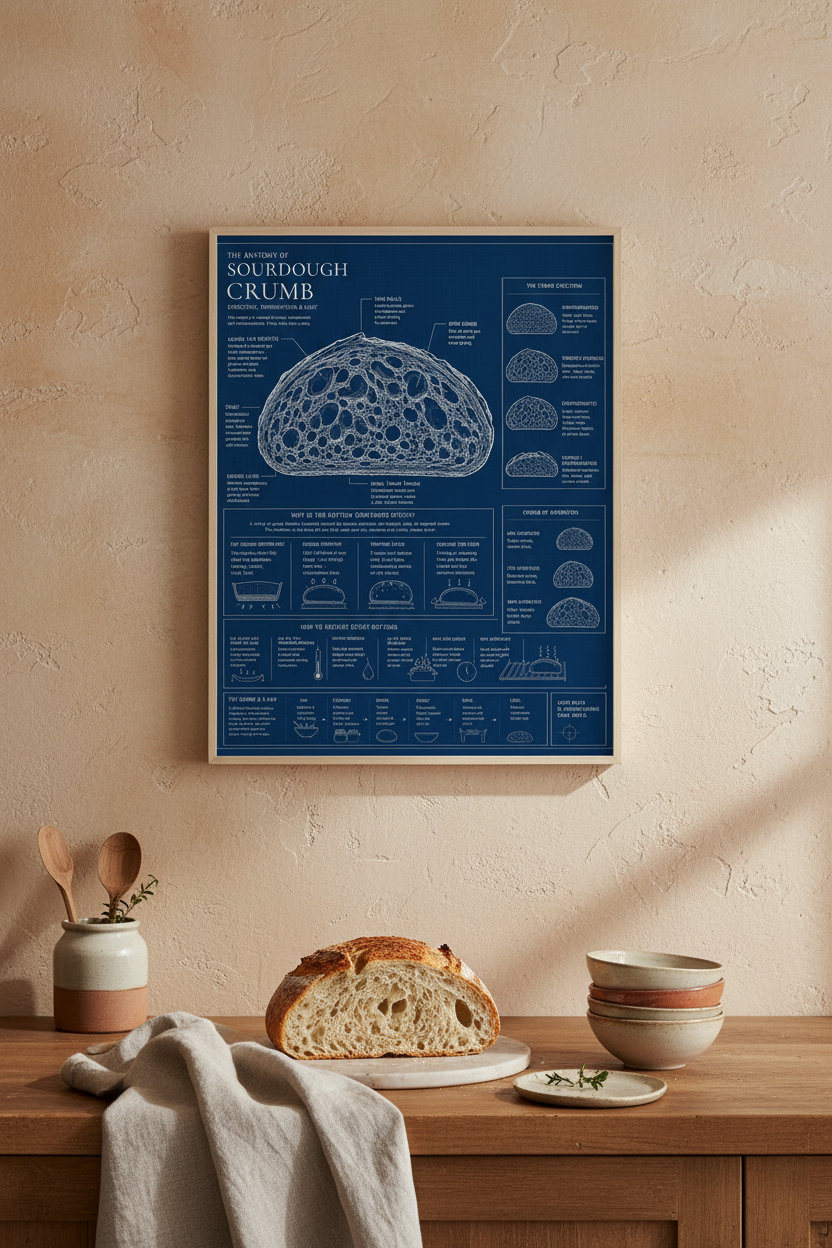 Framed sourdough crumb blueprint art print on a warm plaster wall in an artisan kitchen