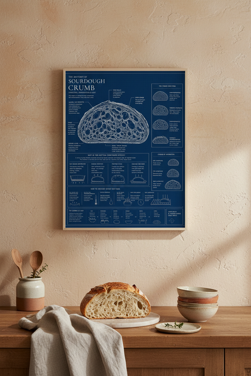 Framed sourdough crumb blueprint art print on a warm plaster wall in an artisan kitchen