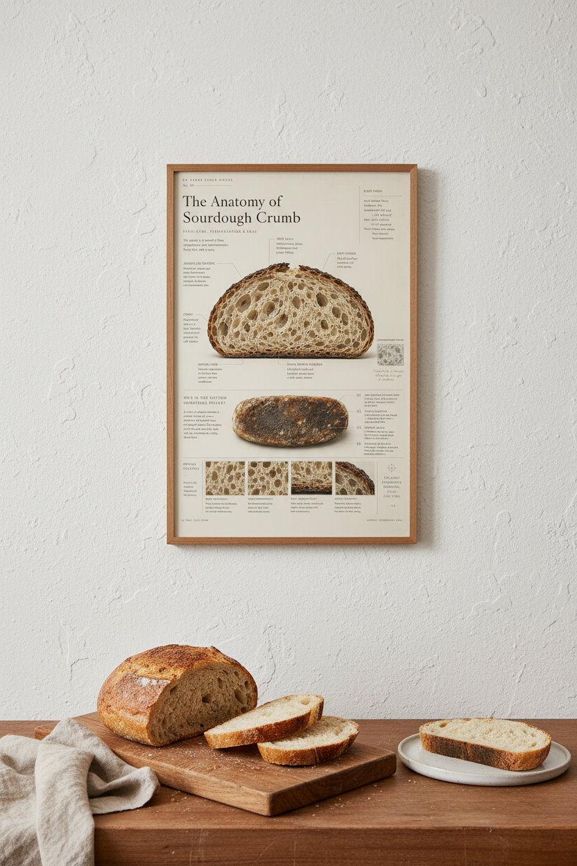 Framed sourdough crumb heritage art print on a warm plaster wall in an artisan kitchen